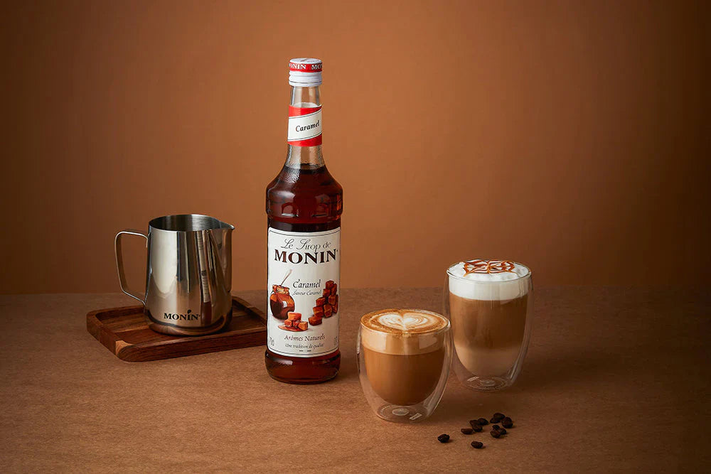 Monin flavoured coffee syrups – caramel, vanilla, hazelnut – available in Ireland from DiscountCoffee.ie