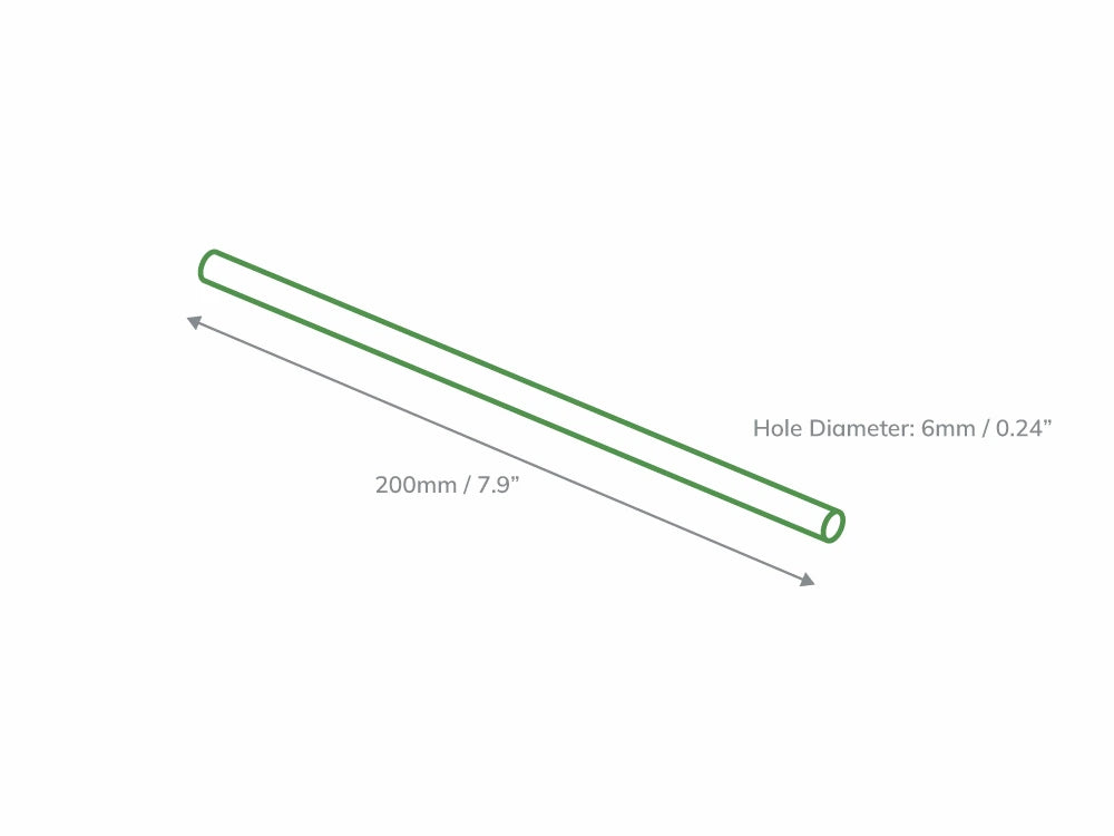 Technical illustration of black paper straws dimensions: 200mm length and 6mm hole diameter.