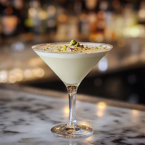 Creamy pistachio white chocolate martini cocktail in glass with pistachio garnish monin syrup drink