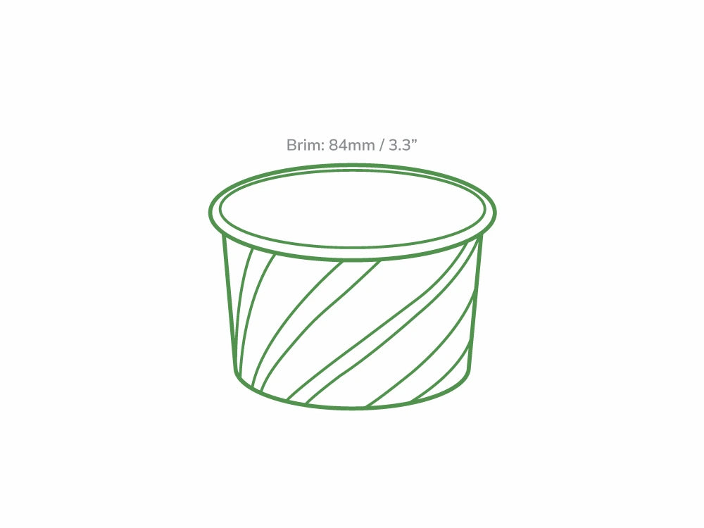 Technical line drawing of medium patterned ice cream tub (6oz) dimensions, brim 84mm or 3.3 inches.