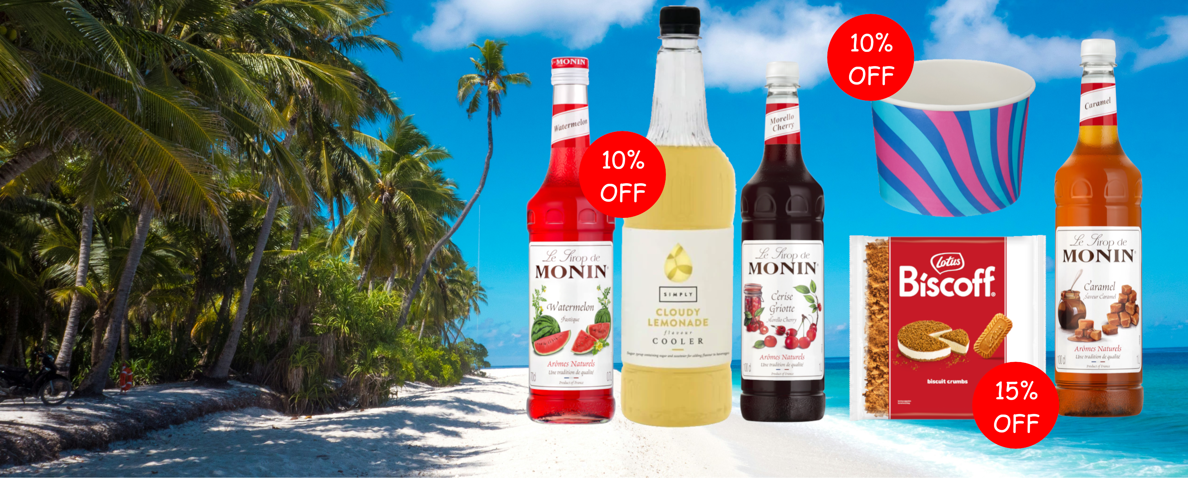 A promotional beach scene with Monin syrup bottles, a cup, and a box of Biscuit cookies on a white sand beach with palm trees and blue sky. Multiple red and orange discount badges reading 10% OFF and 15% OFF are overlaid.