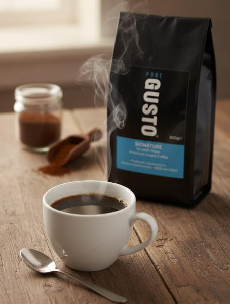 Steaming cup of coffee with spoon on wooden table next to Pure Gusto Signature 300g instant coffee bag and jar of grounds