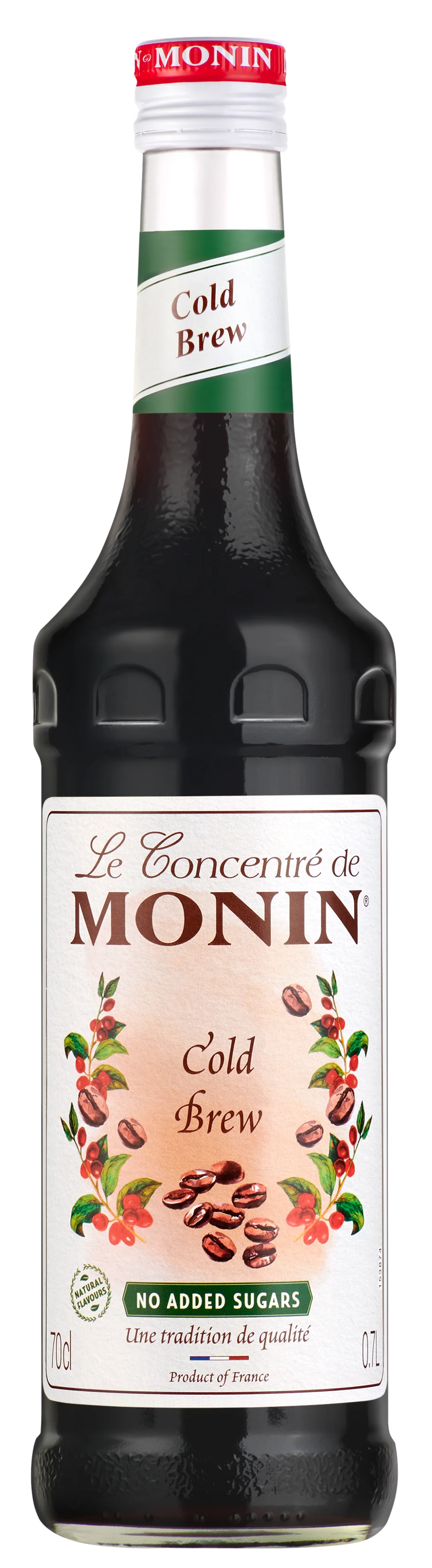 Monin Cold Brew syrup bottle on a white background