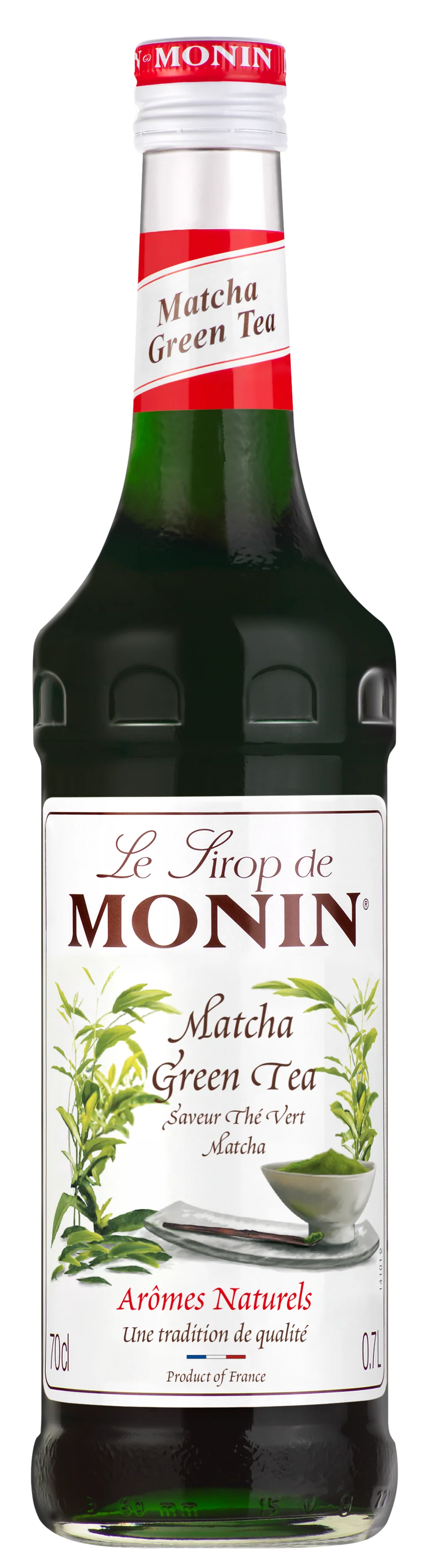 Monin Matcha Green Tea syrup bottle on a white background