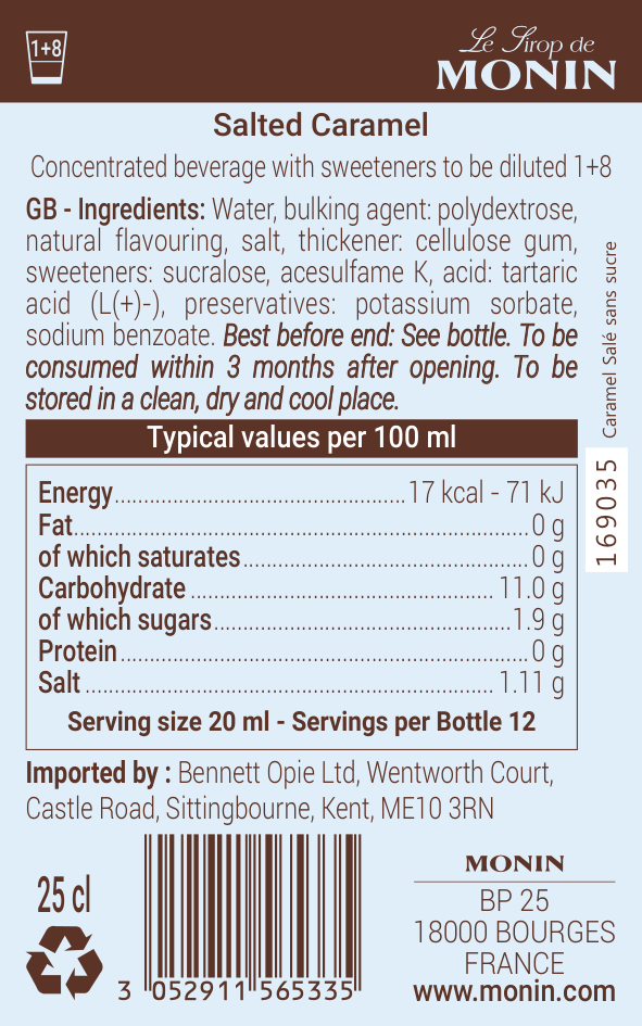 Monin salted caramel syrup ingredients and nutritional values label for sugar free coffee syrup