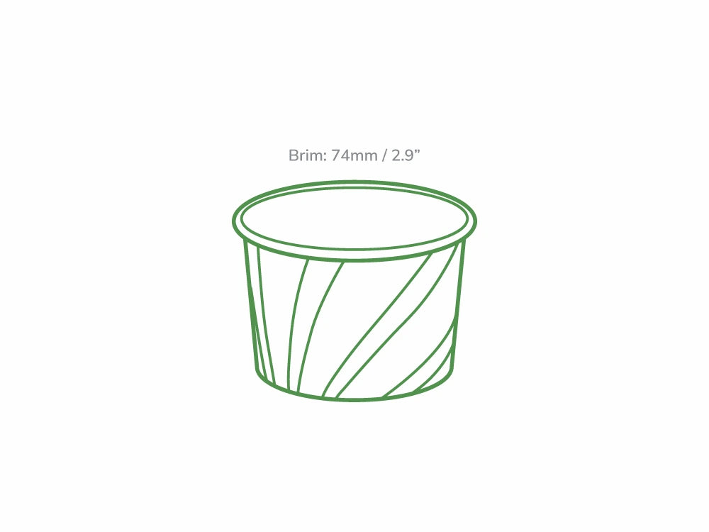 Technical line drawing of small patterned 4oz ice cream tub displaying brim dimensions 74mm / 2.9 inches