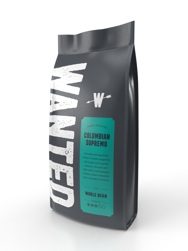 Coffee bag labeled 'WANTED' with 'Colombian Supremo' on a white background