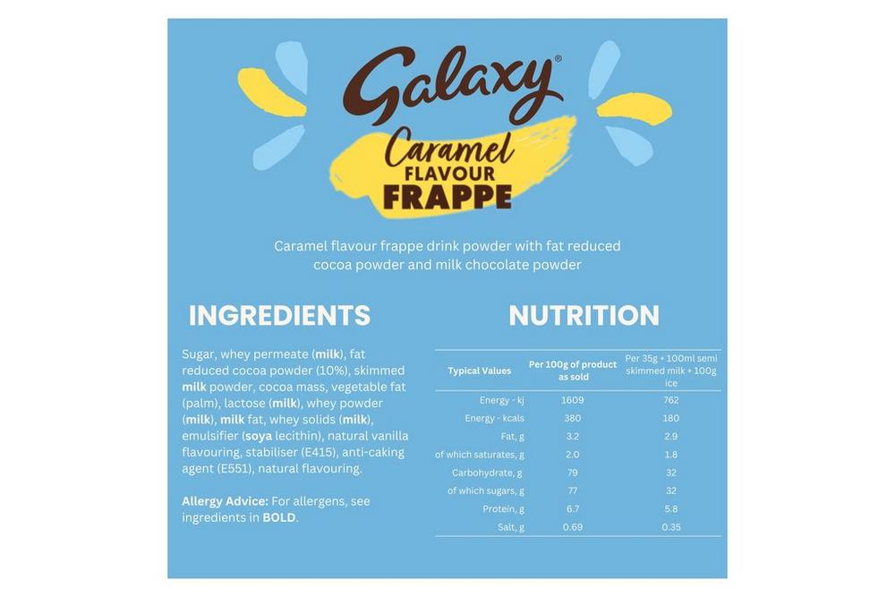 Galaxy Caramel Flavour Frappe ingredients and nutrition information panel on a blue background.