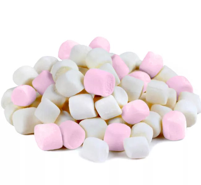 Pink and white mini marshmallows in a 1kg bag – perfect for hot chocolate, baking, and desserts
