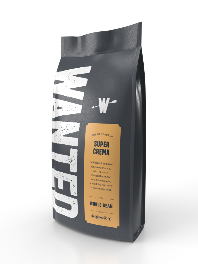 Wanted Coffee Super Crema coffee beans 1kg bag — smooth Italian-style roast, available online in Ireland.