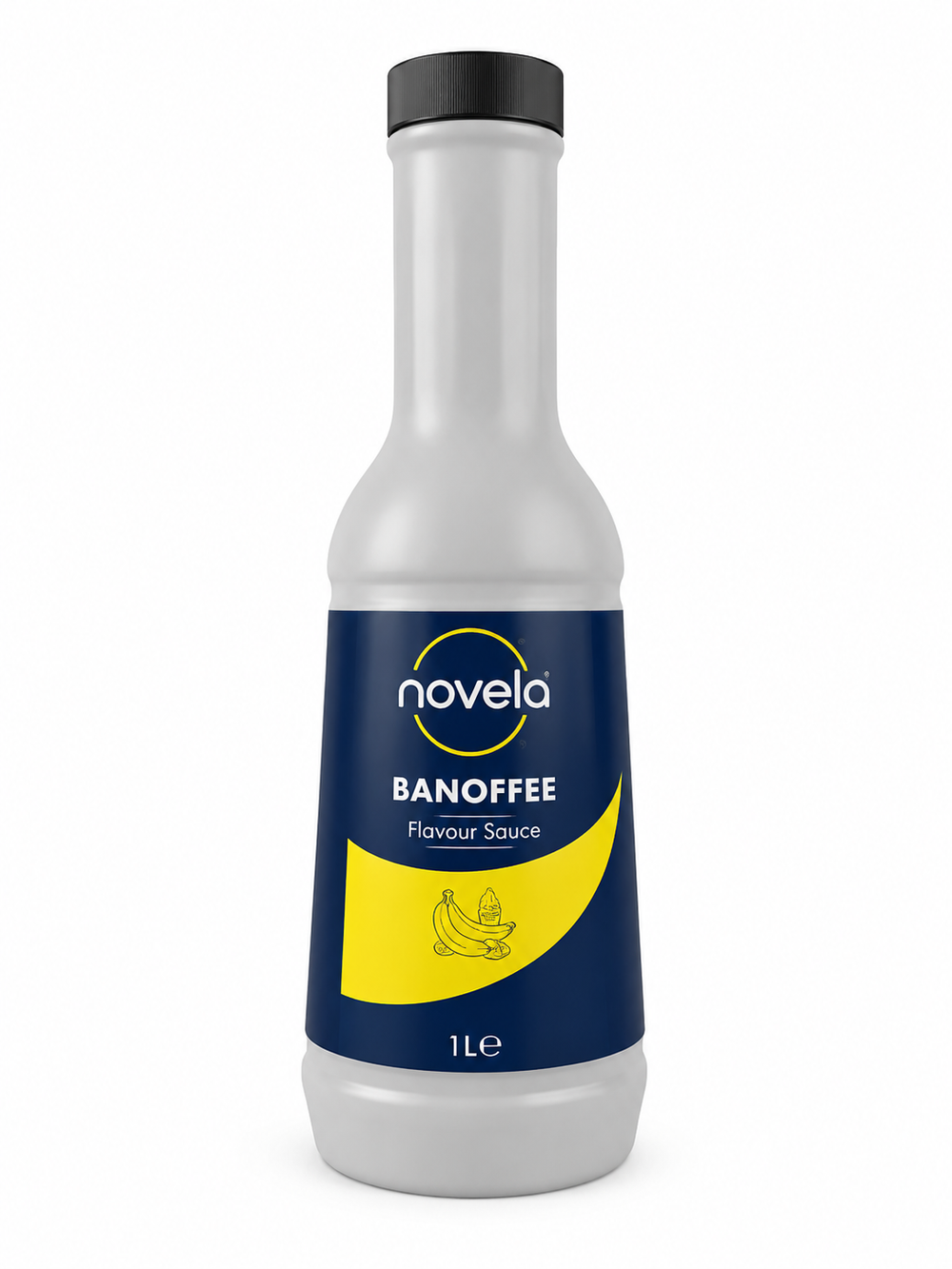 Bottle of novela Banoffee flavor sauce on a white background