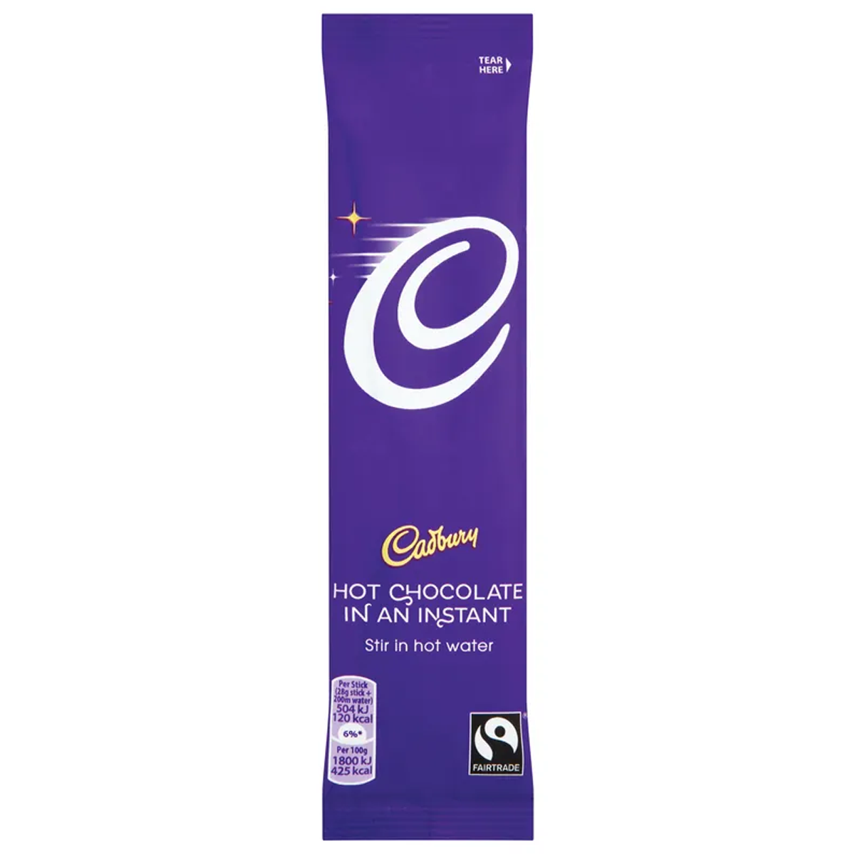 A pack of Cadbury Instant Hot Chocolate Powder Sticks, with the brand's logo visible on the packaging.
