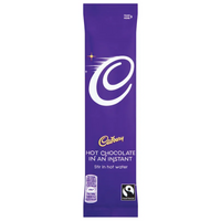 A pack of Cadbury Instant Hot Chocolate Powder Sticks, with the brand's logo visible on the packaging.