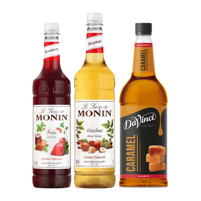 Monin and DaVinci coffee syrup bottles