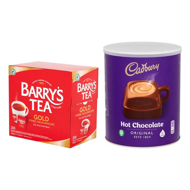 Barry's Tea Gold Blend and Cadbury hot chocolate tin
