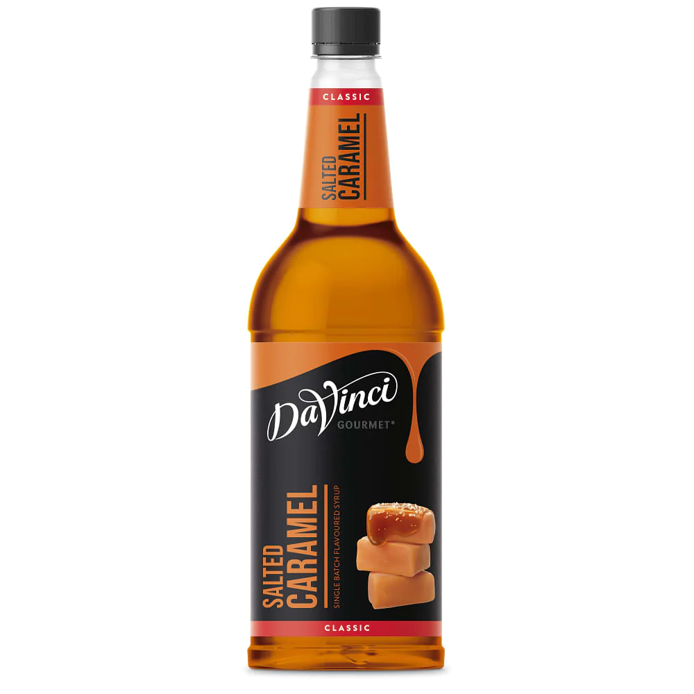 A bottle of DaVinci Classic Salted Caramel Syrup, 1 litre, with a label showing the brand name, product name, and an image of caramel pieces.