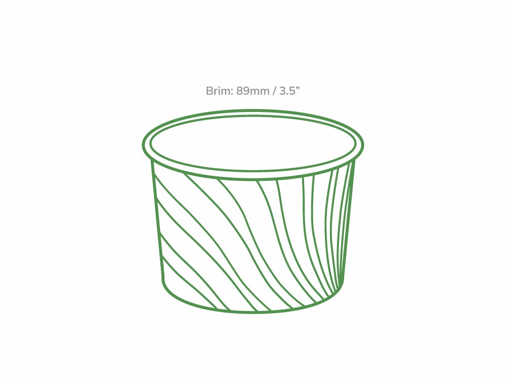 Line drawing illustration of patterned 8oz ice cream tub with brim measurement labeled 89mm or 3.5 inches.