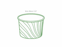 Line drawing illustration of patterned 8oz ice cream tub with brim measurement labeled 89mm or 3.5 inches.