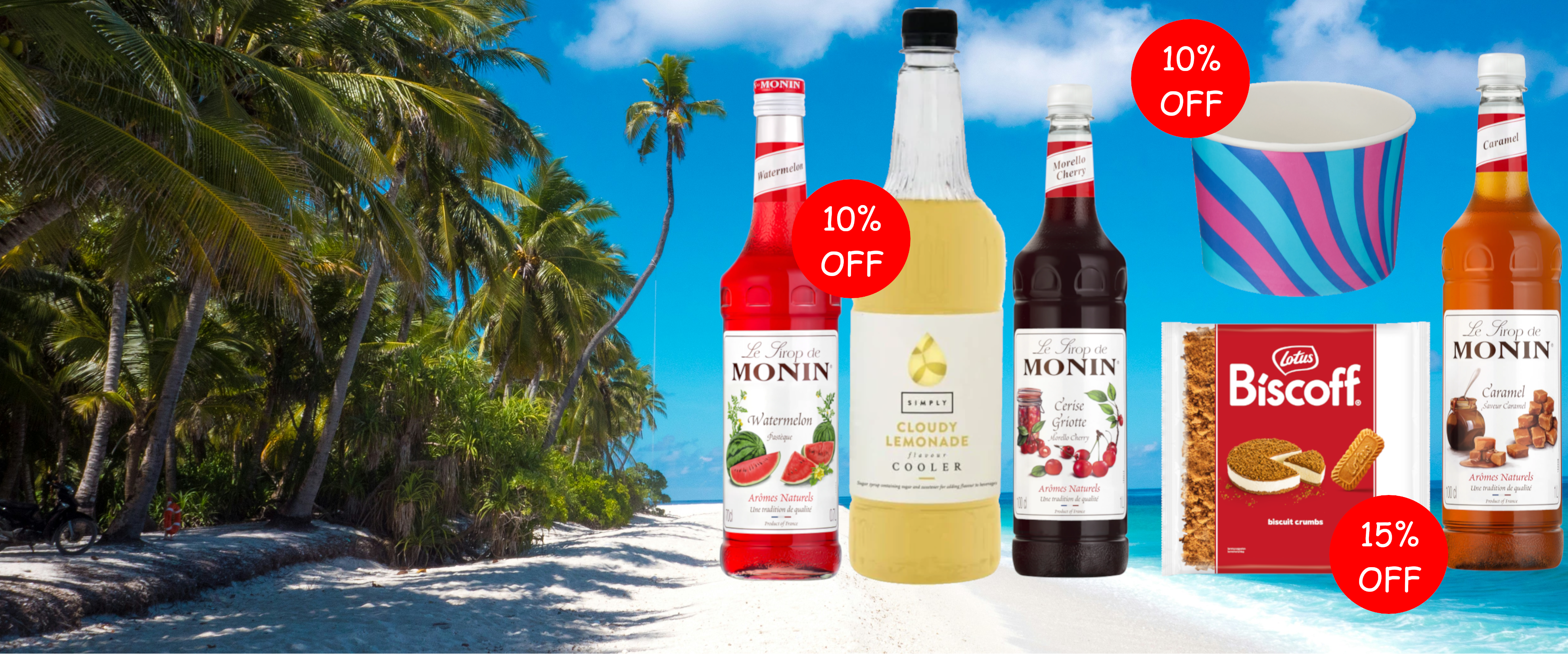 A promotional beach scene with Monin syrup bottles, a cup, and a box of Biscuit cookies on a white sand beach with palm trees and blue sky. Multiple red and orange discount badges reading 10% OFF and 15% OFF are overlaid.