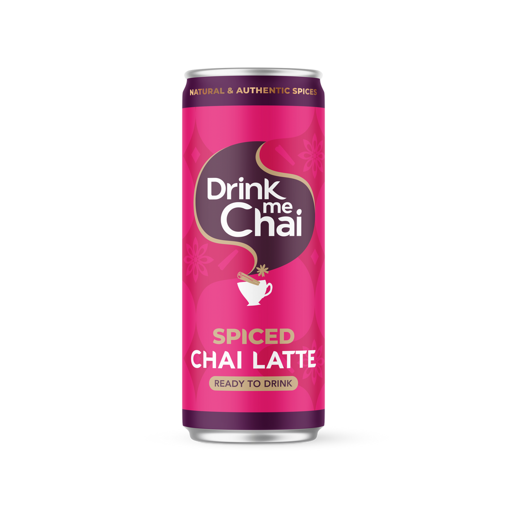 Can of Drink Me Chai Spiced Chai Latte on a white background