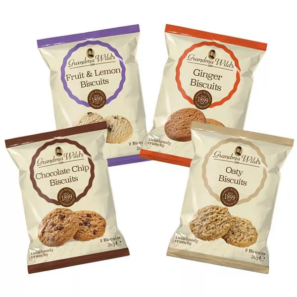 Grandma Wild's individual biscuit packs display with fruit and lemon, ginger, chocolate chip and oaty varieties