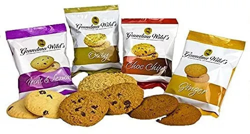 Grandma Wild's twin packs range display featuring fruit and lemon, oaty, chocolate chip and ginger biscuits with loose samples