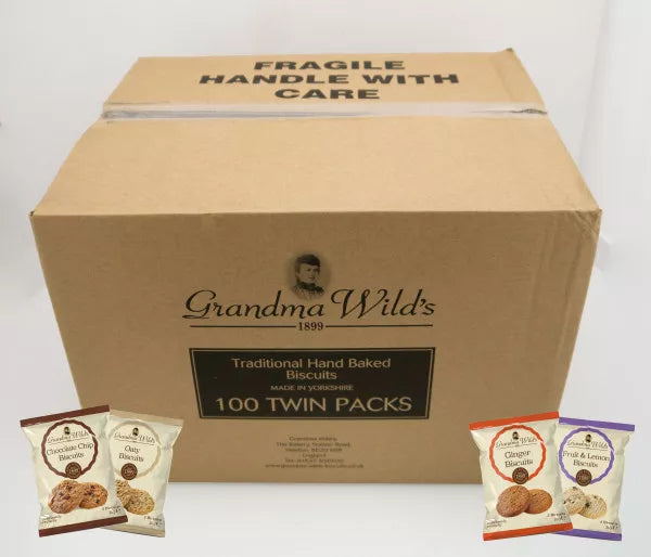 Grandma Wild's cardboard shipping box for 100 twin packs of traditional hand baked biscuits with sample packs shown.