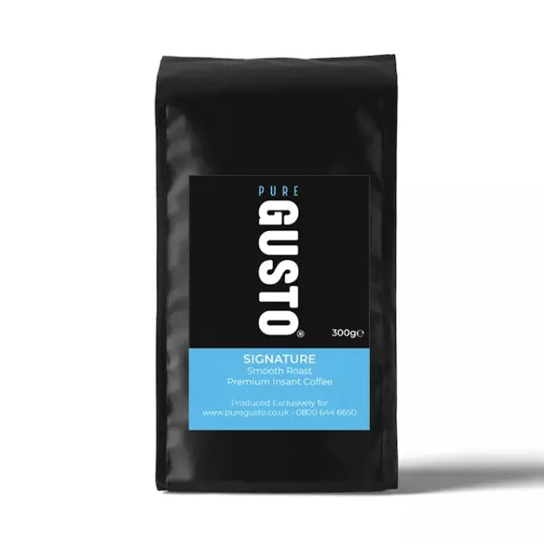 Black 300g bag of Pure Gusto Signature smooth roast premium instant coffee with blue label on white background