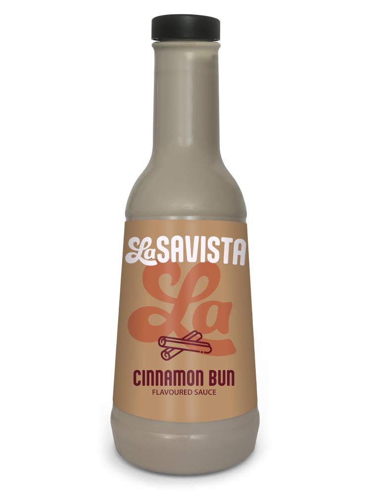 Savista cinnamon bun flavored sauce bottle on a white background