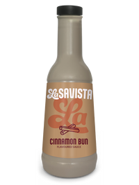 Savista cinnamon bun flavored sauce bottle on a white background