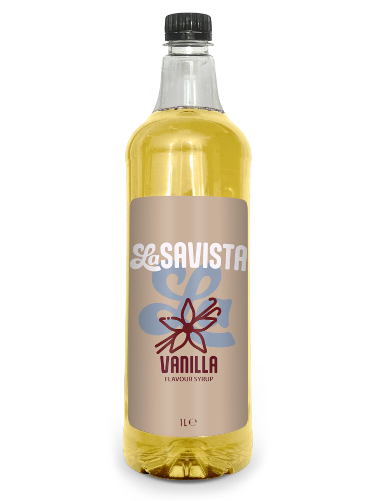Clear 1L bottle of LaSavista vanilla syrup for coffee with elegant label and vanilla bean illustration product photo