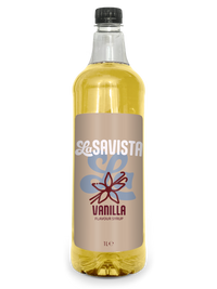 Clear 1L bottle of LaSavista vanilla syrup for coffee with elegant label and vanilla bean illustration product photo