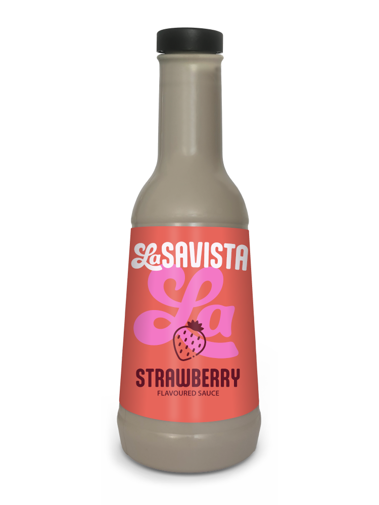 LaSavista strawberry sauce bottle pink label strawberry illustration beverage flavoured sauce product photo