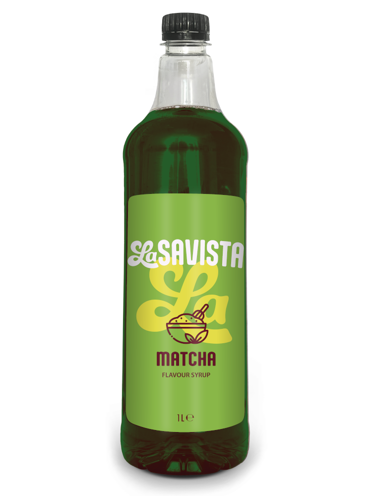 Matcha syrup LaSavista green bottle flavour syrup product photo for latte drink recipe