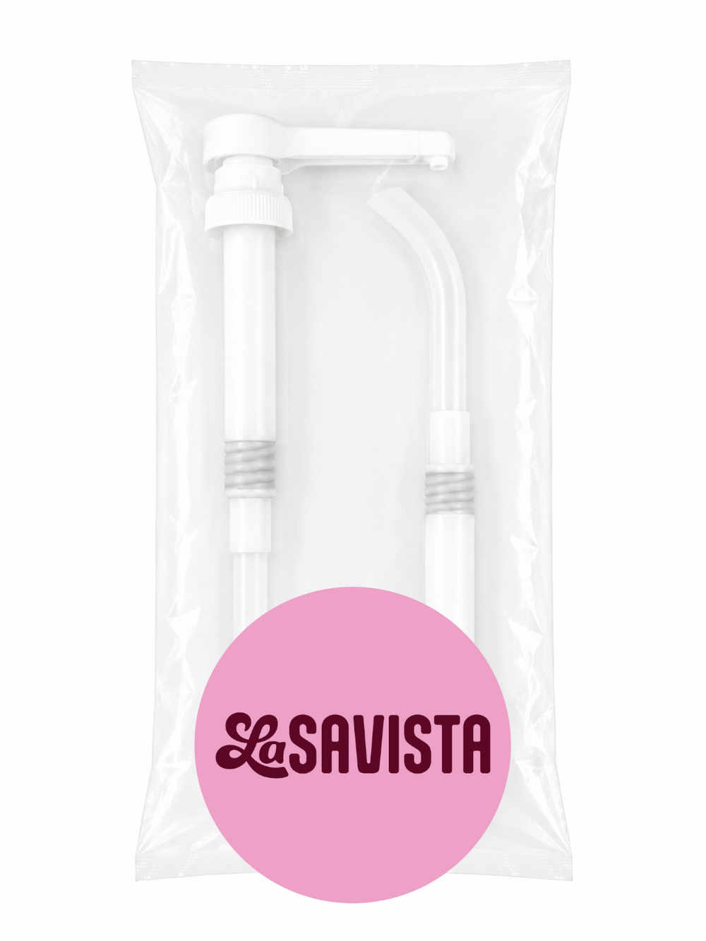 La Savista straw set in a clear packaging with a pink label on a white background
