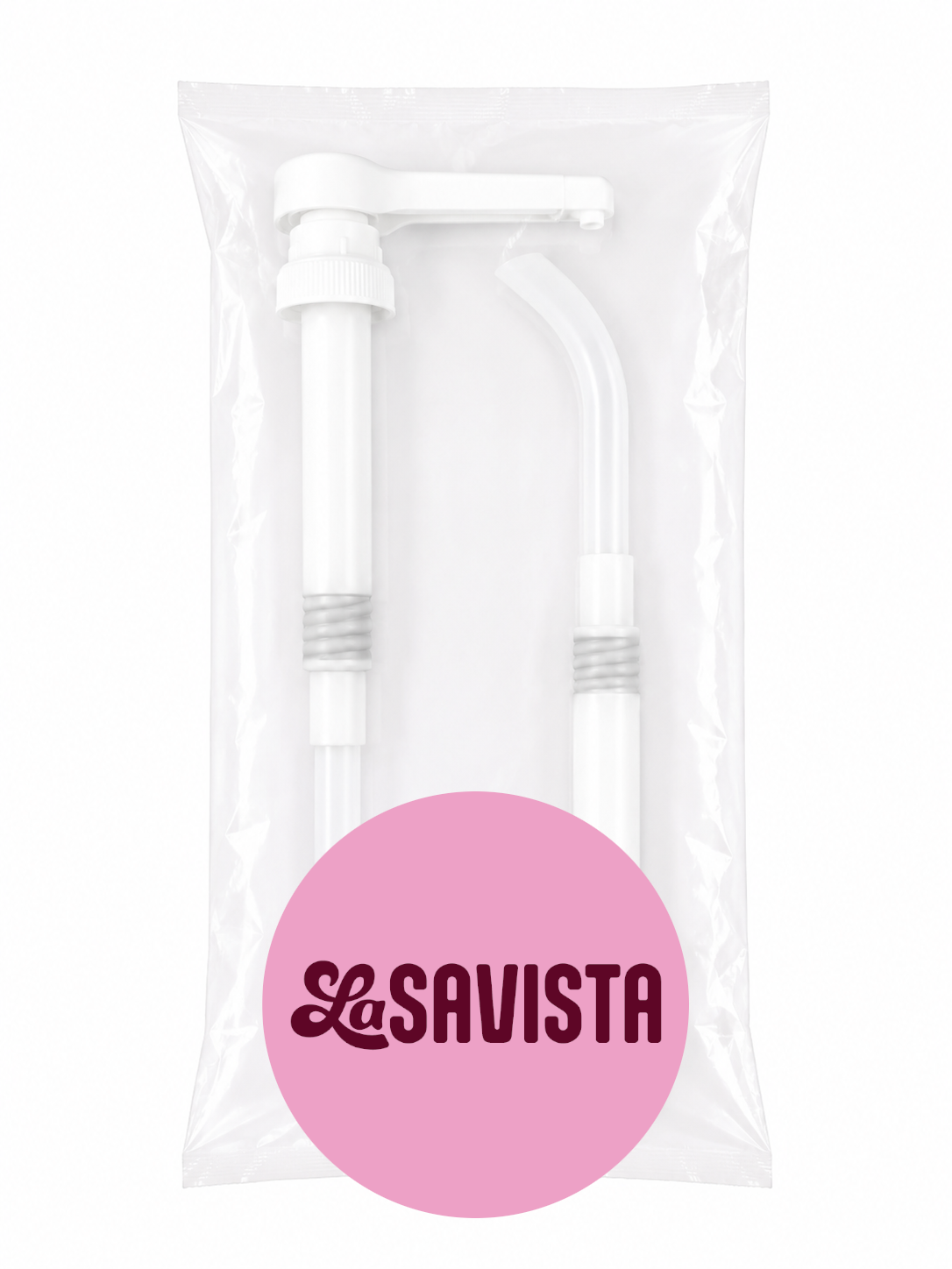 La Savista straw set in a clear packaging with a pink label on a white background