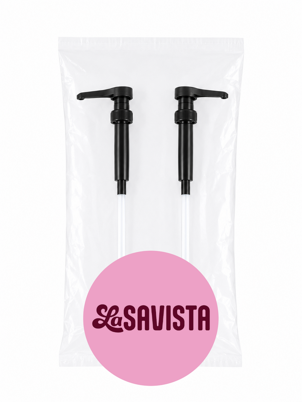Two black pumps in a clear package with a pink 'La Savista' logo on a white background.