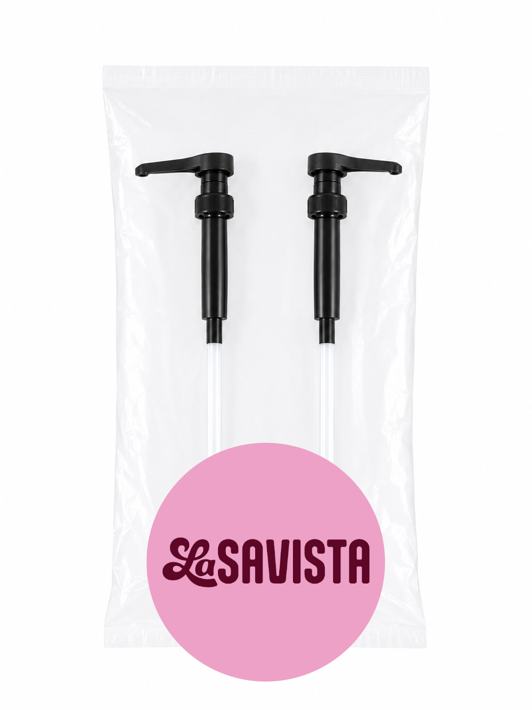 Two black pumps in a clear package with a pink 'La Savista' logo on a white background.