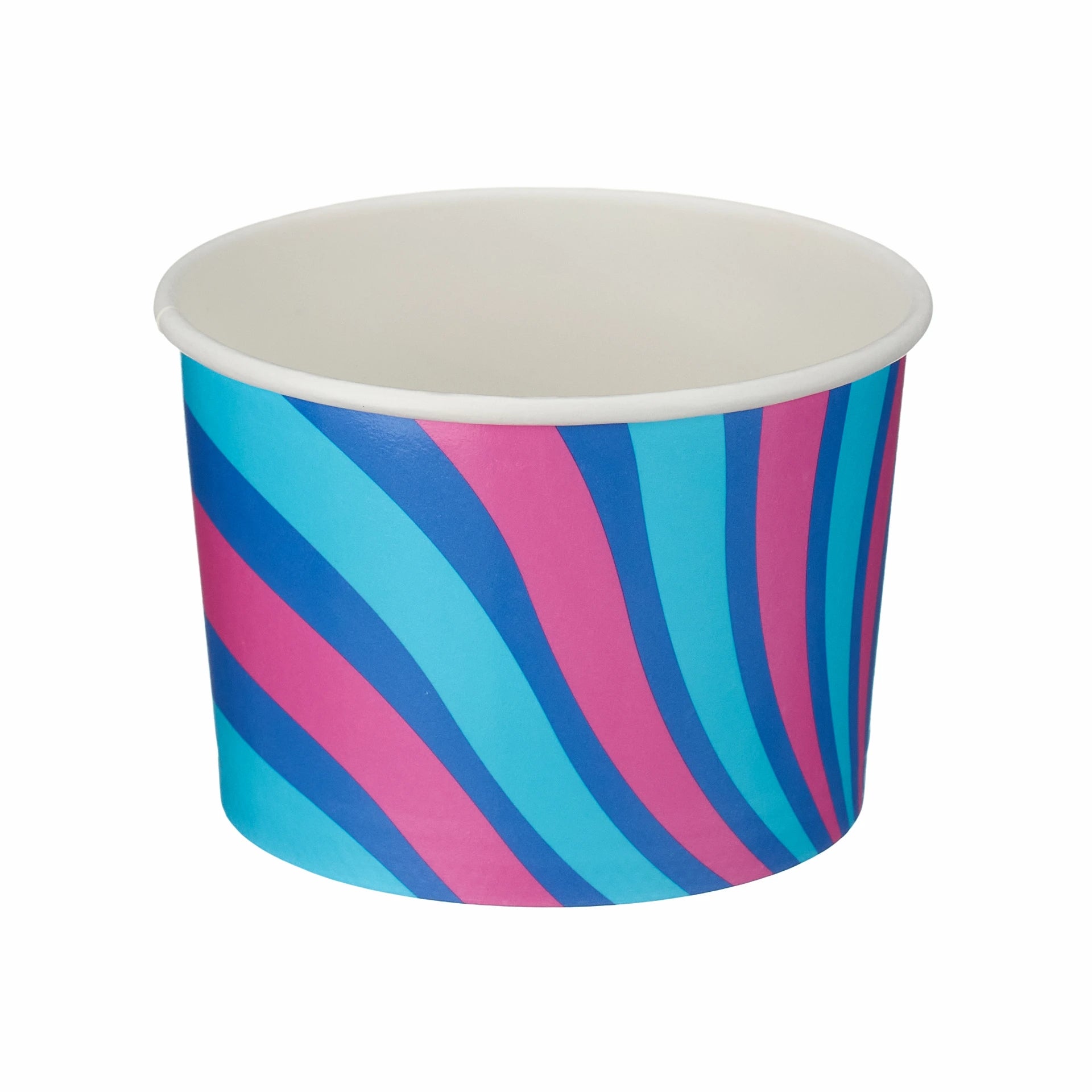 Colorful product photograph showing empty patterned 8oz ice cream tub in pink, blue and teal stripes.