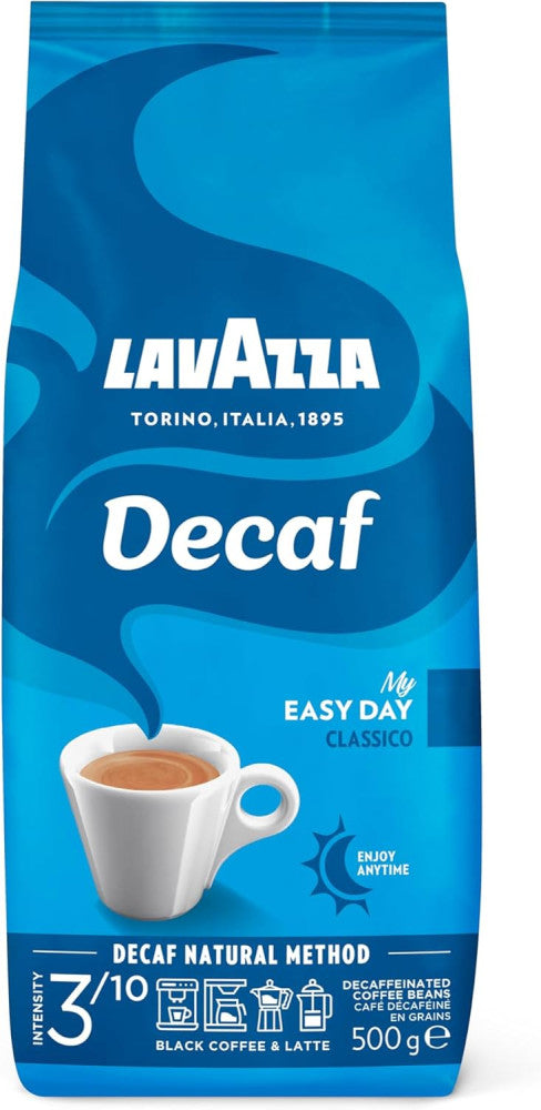 Lavazza Decaf coffee package with blue design and cup illustration on a white background