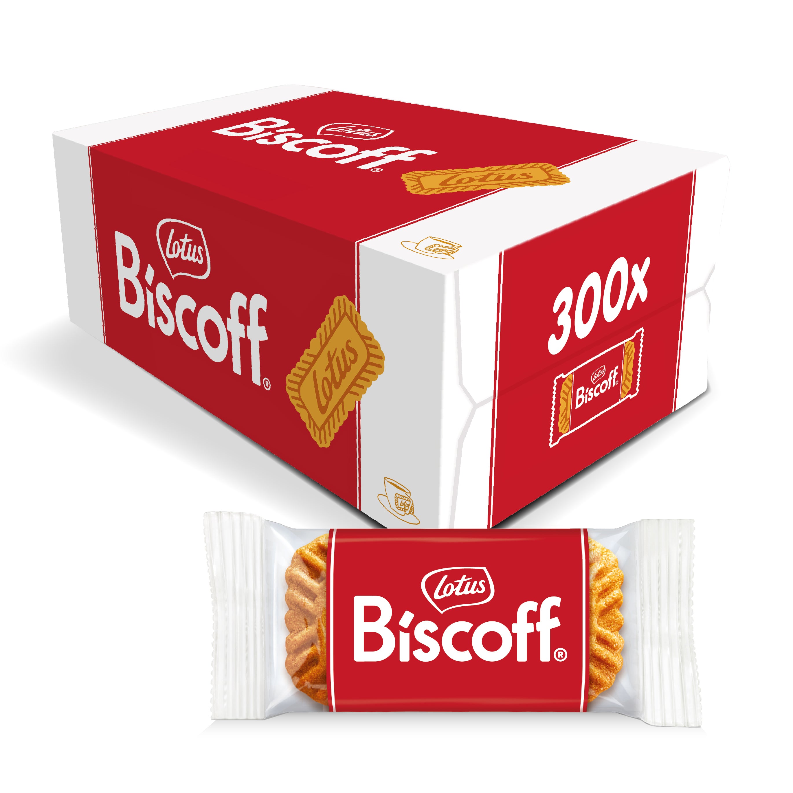 A box of Lotus Biscoff caramelised biscuits containing 300 individual packets.