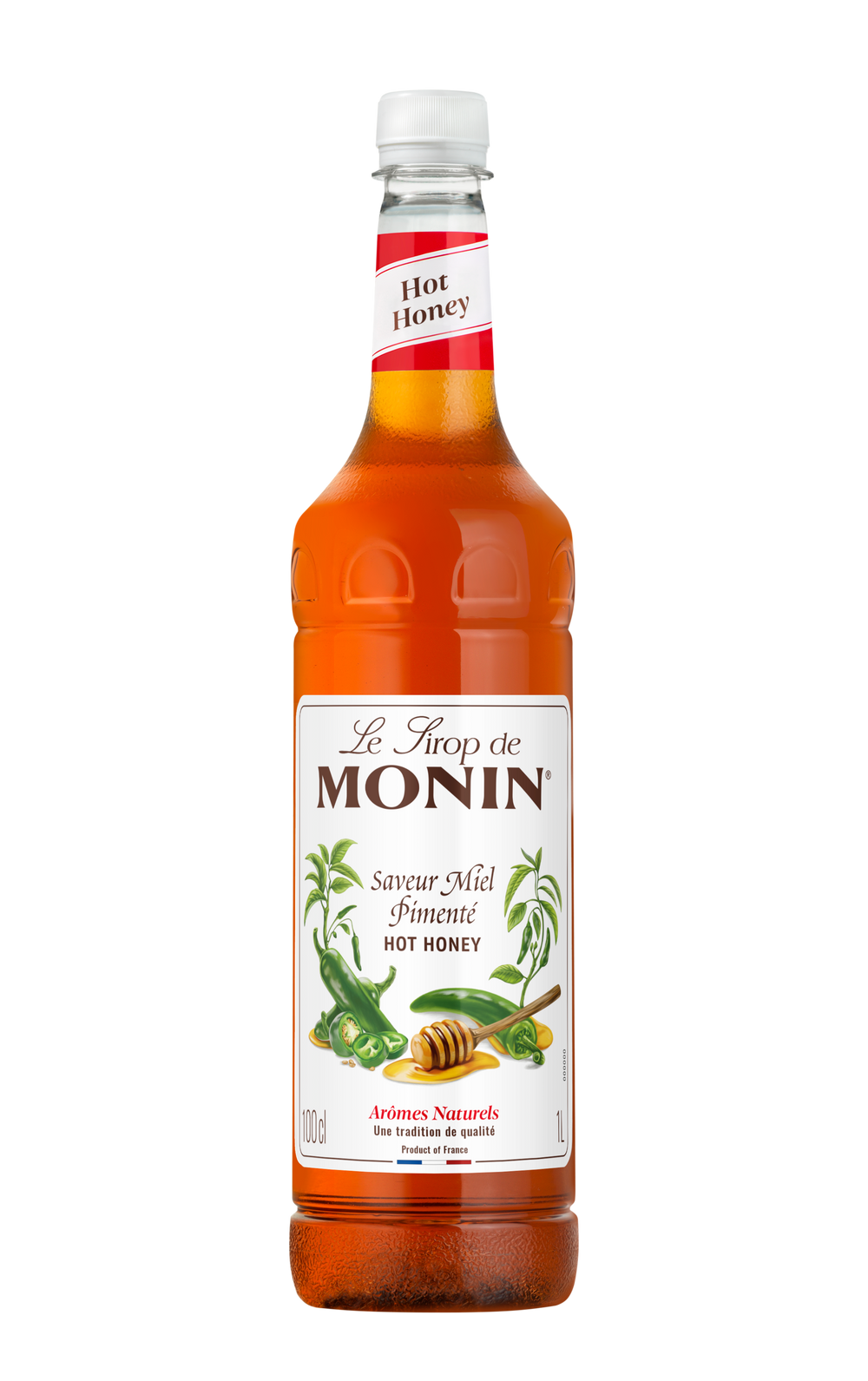 Bottle of Monin hot honey syrup on a white background