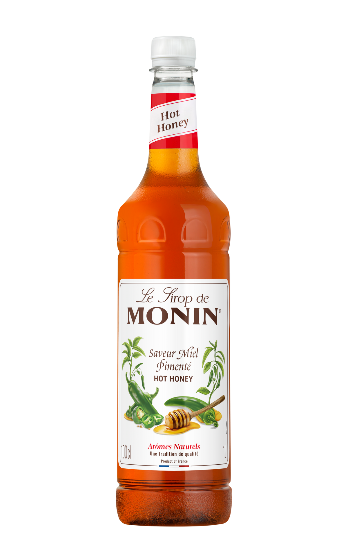 Bottle of Monin hot honey syrup on a white background