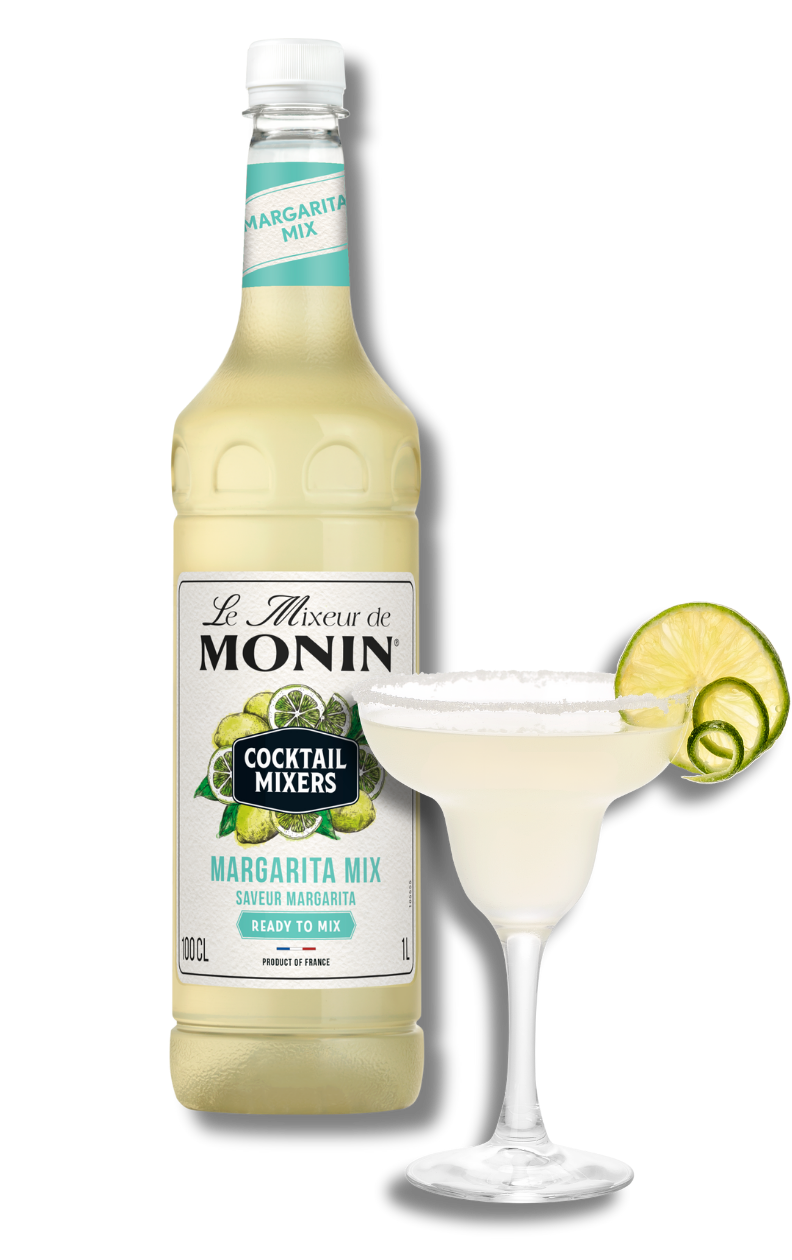 Monin Margarita Mix bottle with a cocktail and lime wheel on a white background