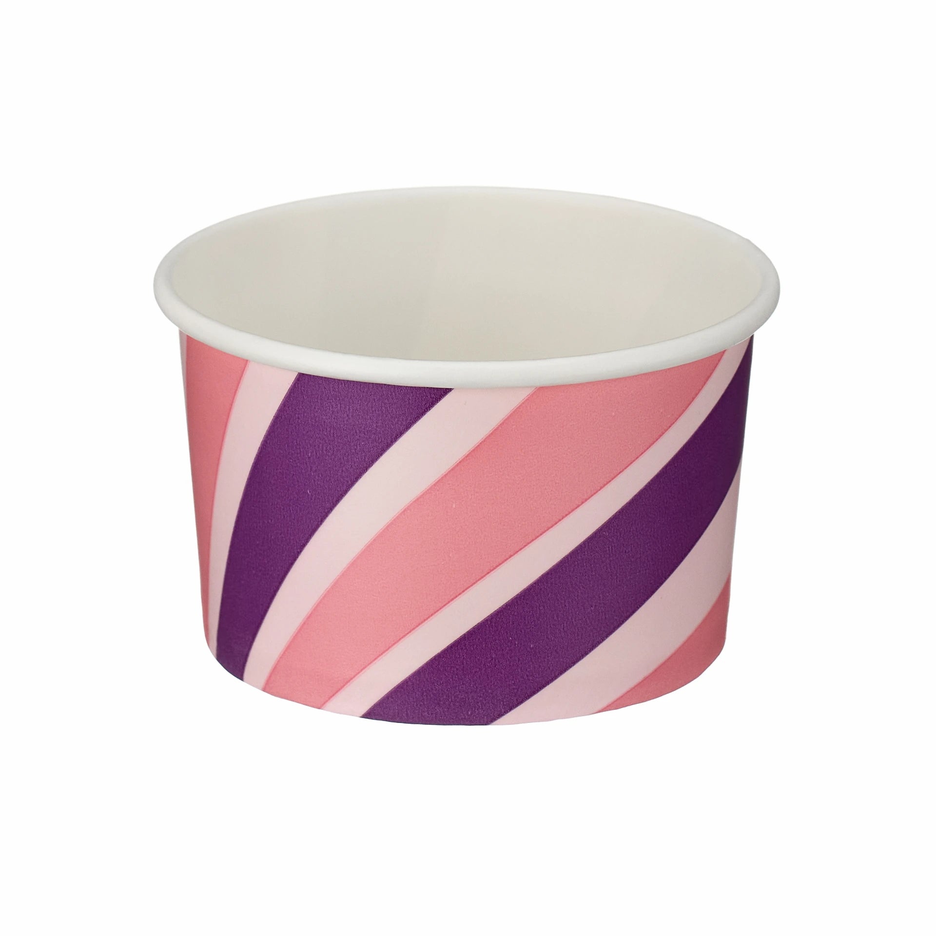 Studio product photograph of empty medium patterned ice cream tub (6oz) featuring pink and purple striped pattern.