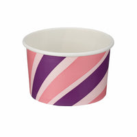 Studio product photograph of empty medium patterned ice cream tub (6oz) featuring pink and purple striped pattern.