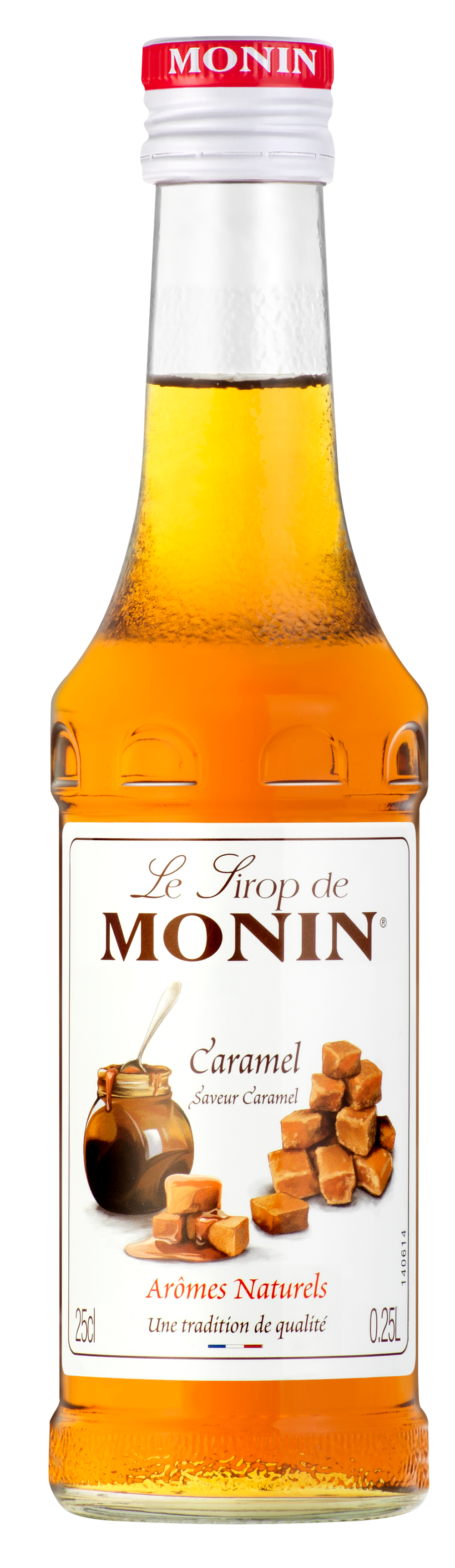 A bottle of Monin Caramel Syrup, 25cl in size, displaying the amber color of the syrup inside.
