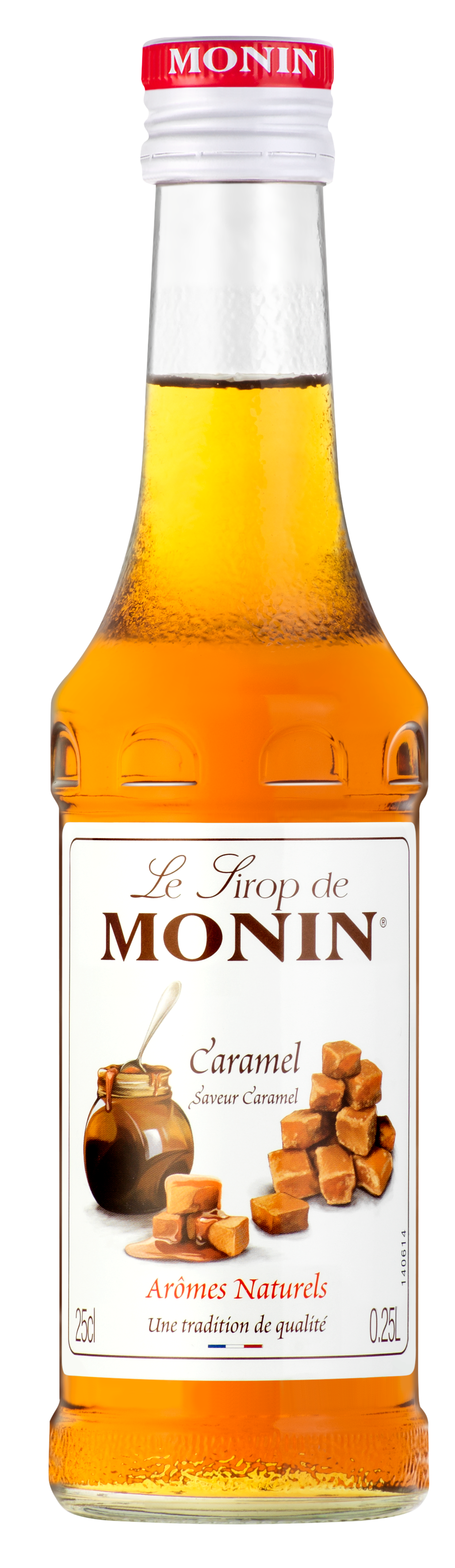 A bottle of Monin Caramel Syrup, 25cl in size, displaying the amber color of the syrup inside.