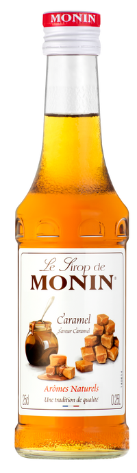 A bottle of Monin Caramel Syrup, 25cl in size, displaying the amber color of the syrup inside.
