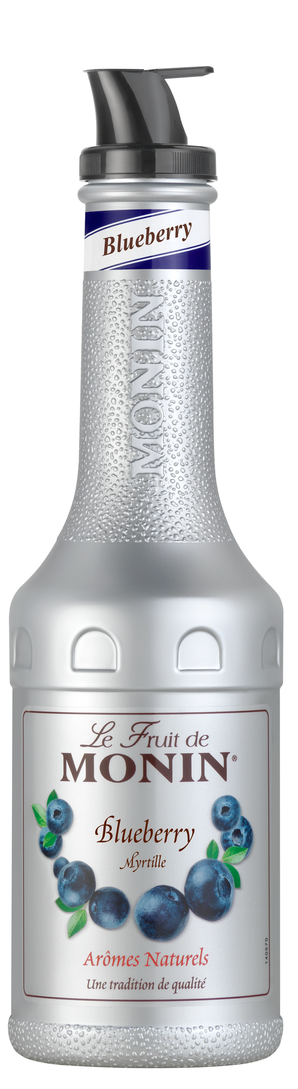 Monin Blueberry puree bottle with blueberries on label
